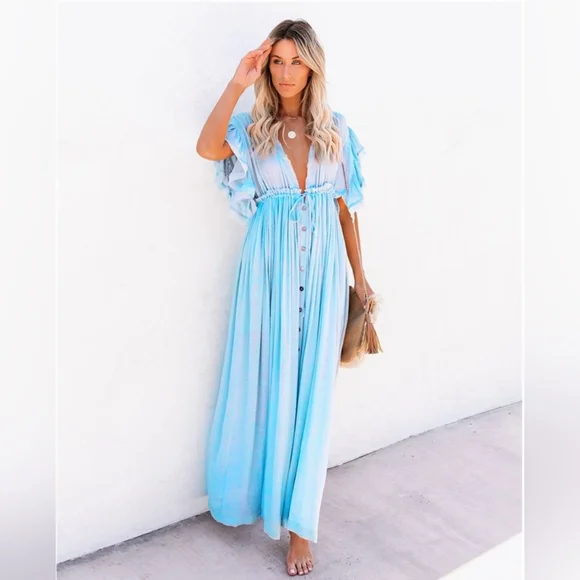 New Flowy Gauzy Cover Up Maxi Dress Deep Plunge Beach Summer Bikini Blue